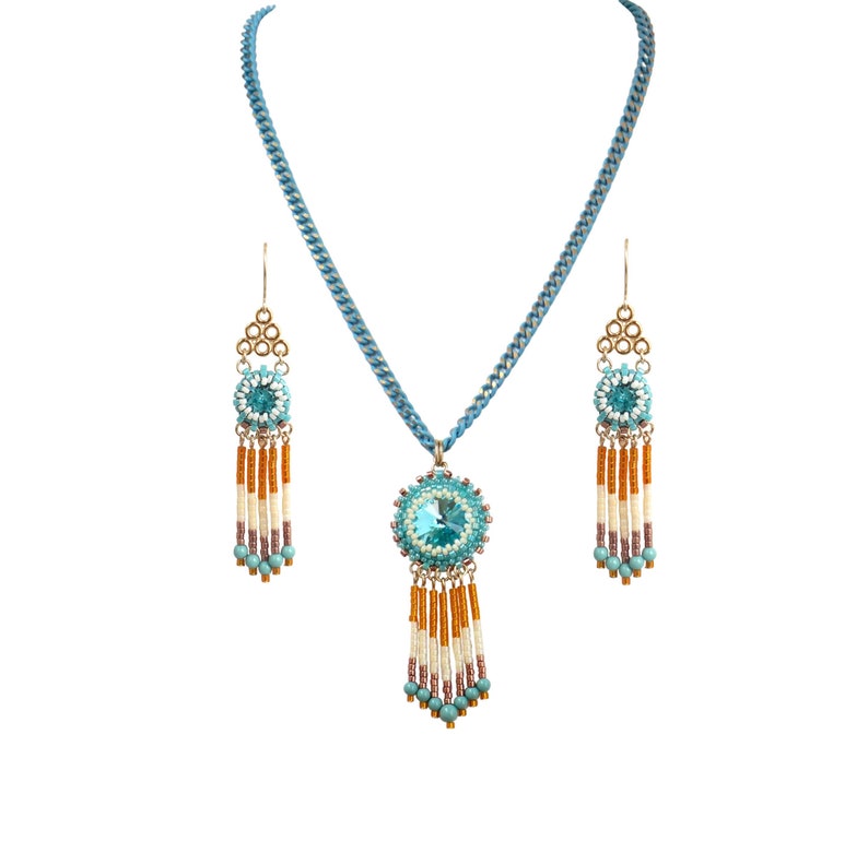 Turquoise & Orange Boho Chic Jewelry Set Women's Beaded Necklace and Earrings, Handmade Bohemian Fashion Accessories, For Summer Festivals Necklace and earring