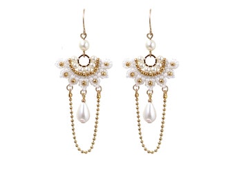 Bridal chandelier earrings, Statement wedding earrings, Gold and pearl earrings, Unique bridal earrings