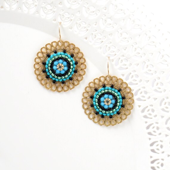 brass earring boho earring Turquoise earring gold plated earring Gift jewelry women accessory round earring beaded earring