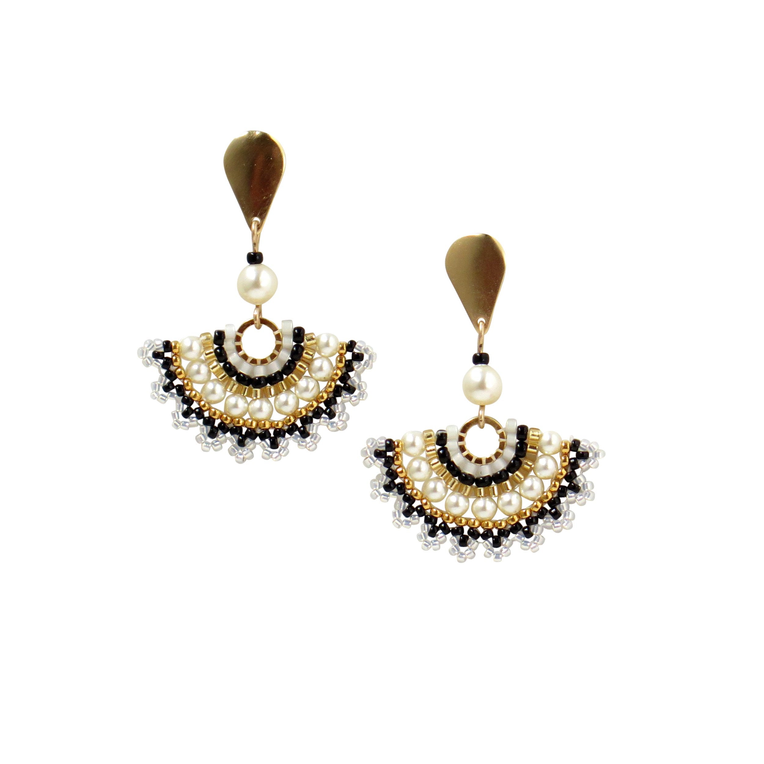 gold and white beaded stud Black seed bead jewelry