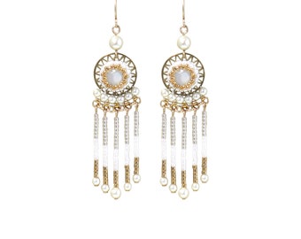 Long dangle earrings women, Boho beaded earrings, White fringe earrings
