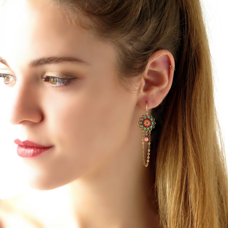 Gift for daughter birthday Dainty earrings dangle Sweet 16 jewelry Delicate chandelier earrings Flower earrings Colorful earrings gold