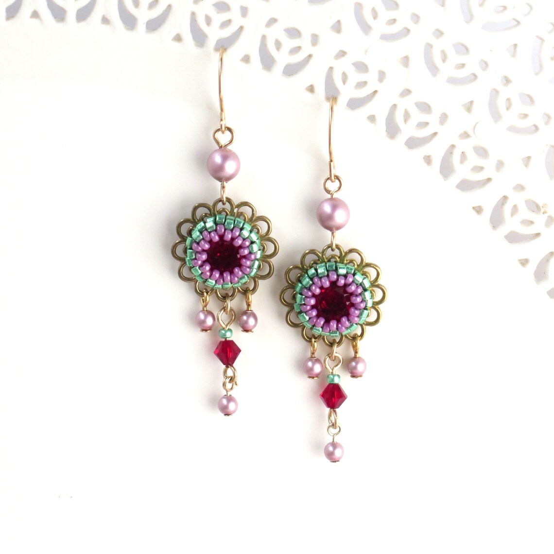 Green and Red Dangle Earrings Colorful Flower Earrings Etsy