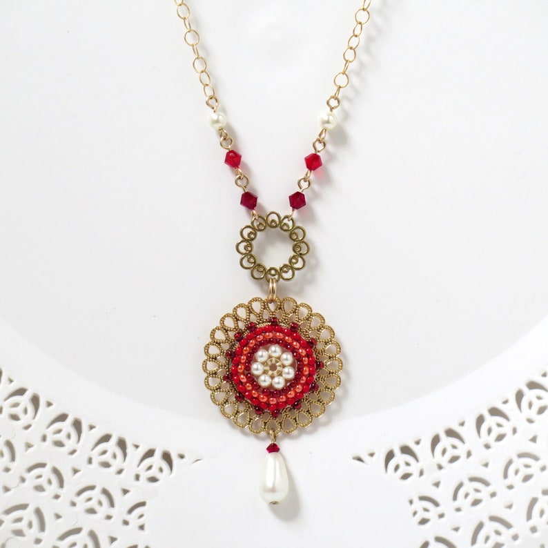 Long Red Pendant Necklace Statement Round Necklace Gold Etsy