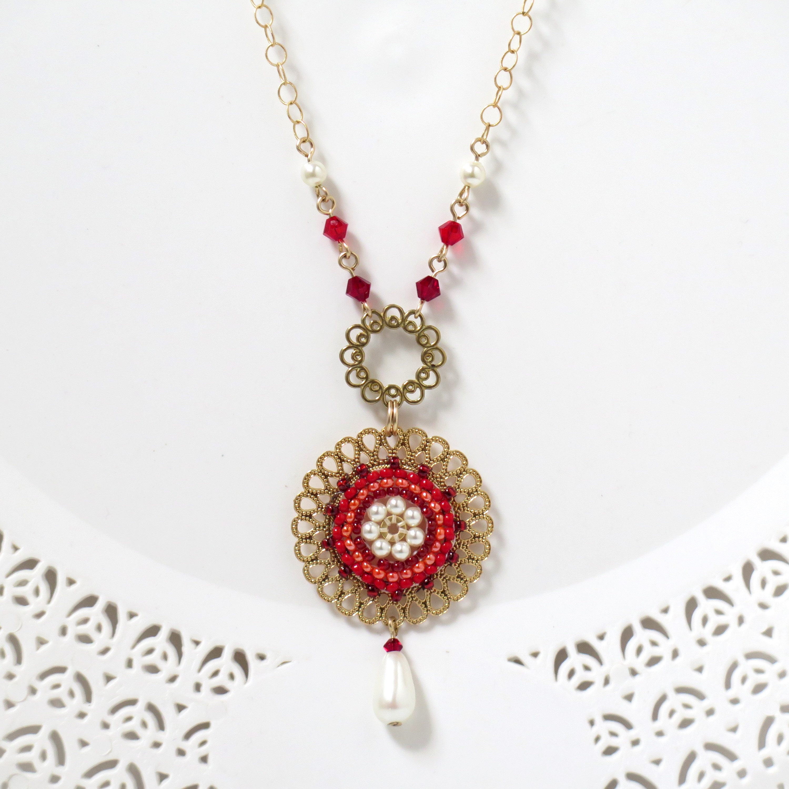 Red pendant necklace Statement necklace gold Long round Etsy