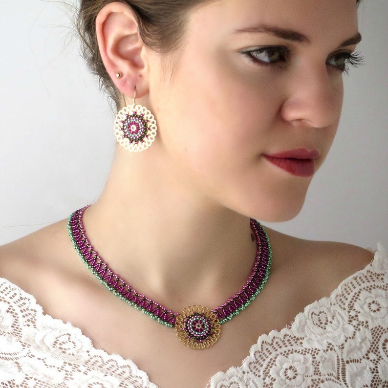 Pink and Green Beaded Mandala Jewelry Sets image 6