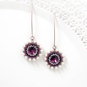 Long purple earrings, Swarovski crystal and pearl earrings, Flower silver earring, Handmade beaded earrings for women, Prom earrings
