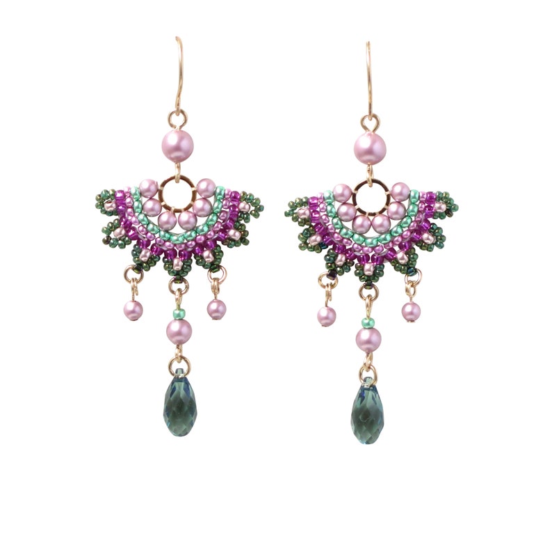 Handmade Green and Pink Beaded Chandelier Earrings, Unique Fashion Accessory for Women, Perfect for Special Occasions image 3