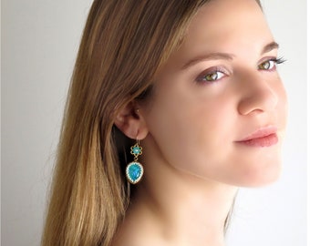Swarovski turquoise crystal teardrop earrings, Fancy and elegant earrings, sparkly and luxury unique beaded earrings