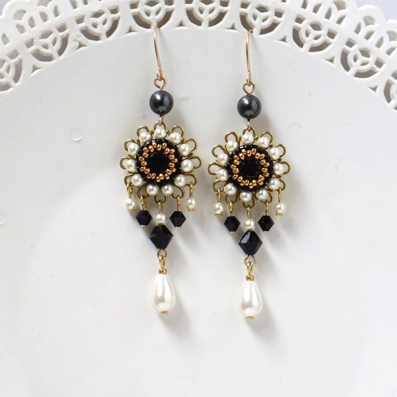 Black and white dangle earrings Chandelier earrings gold