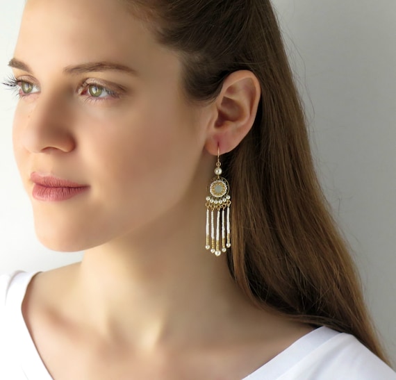 Boho Wedding Earrings White and Gold Earrings Long Fringe