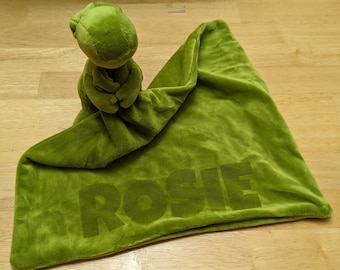Custom baby name blankie with cute stuffed animal attached