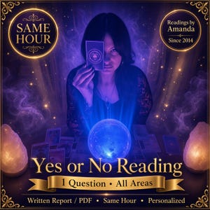 May include: A person holding a tarot card behind a glowing blue crystal ball, surrounded by salt lamps and scattered tarot cards. Text reads: SAME HOUR, Readings by Amanda Since 2014, Yes or No Reading, 1 Question All Areas, Written Report / PDF.