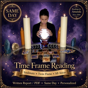 May include: A psychic reading service advertisement featuring a glowing crystal ball, two tall cream-coloured pillar candles, and tarot cards arranged on a glass table. Text includes "SAME DAY," "Readings by Amanda Since 2014," and "Time Frame Reading."