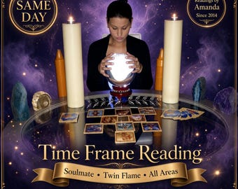 May include: A psychic reading service advertisement featuring a glowing crystal ball, two tall cream-colored pillar candles, and tarot cards arranged on a glass table. Text includes "SAME DAY," "Readings by Amanda Since 2014," and "Time Frame Reading."
