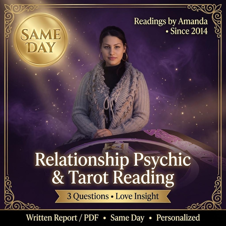 Close-up photo of Psychic Amanda's hands shuffling a colorful deck of tarot cards over a rustic wooden table surrounded by healing crystals For a relationship reading