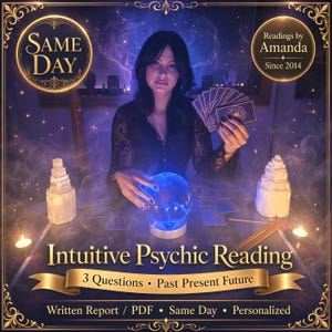 May include: A psychic reading service advertisement featuring a person with dark hair holding tarot cards behind a glowing blue crystal ball. Text includes Same Day, Readings by Amanda Since 2014, Intuitive Psychic Reading, 3 Questions, Past Present Future, Written Report, PDF, and Personalised.
