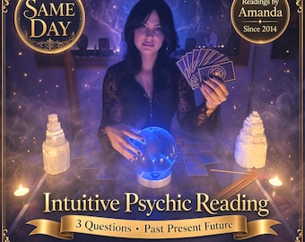 Peut inclure: Une publicité pour un service de voyance montrant une personne aux cheveux bruns tenant des cartes de tarot derrière une boule de cristal bleue lumineuse. Le texte indique Same Day, Readings by Amanda Since 2014, Intuitive Psychic Reading, 3 Questions, Past Present Future, Written Report, PDF, et Personalized.