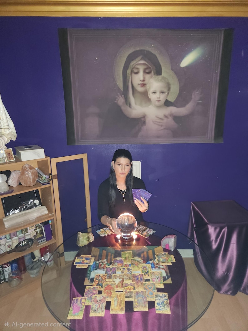 Photo of Psychic Amanda carefully writing down intuitive insights for a written PDF report, with crystals and burning candles neatly arranged on her desk.