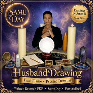 May include: A psychic reading service advertisement featuring a crystal ball, two tall pillar candles, a notebook with a pencil, tarot cards, and crystals. Text includes "SAME DAY", "Readings by Amanda Since 2014", "Husband Drawing", and "Twin Flame Psychic Drawing".