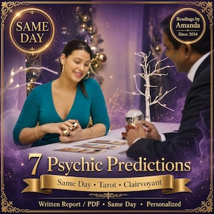 Peut inclure: Une publicité pour un service de voyance montrant une personne en haut bleu sarcelle tenant des cartes de tarot face à un client. Le texte inclut 7 Psychic Predictions, Same Day, Tarot, Clairvoyant, Written Report, PDF, Personalized et Readings by Amanda.
