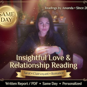 以下が含まれることがあります： Readings by Amanda Since 2014、Same Day、Insightful Love & Relationship Reading、Tarot Clairvoyant Romance、Written Report / PDF Same Day Personalizedというテキストと、光る球体を持つ人物が描かれたデジタルグラフィック。