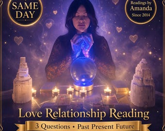 May include: A digital graphic for a Love Relationship Reading service featuring a person with hands clasped over a glowing blue crystal ball. The image includes text: SAME DAY, Readings by Amanda Since 2014, Love Relationship Reading, 3 Questions, Past Present Future, Written Report / PDF, Same Day, Personalized.