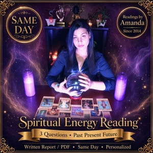 Psychic Amanda holding a crystal ball with bright energy lights around her doing a psychic reading