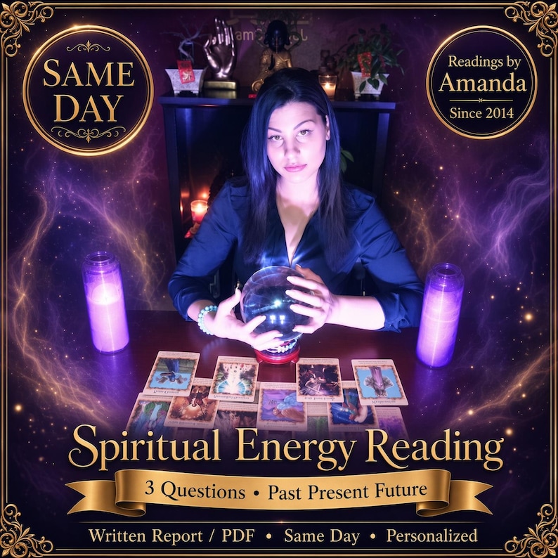 Psychic Amanda holding a crystal ball with bright energy lights around her doing a psychic reading