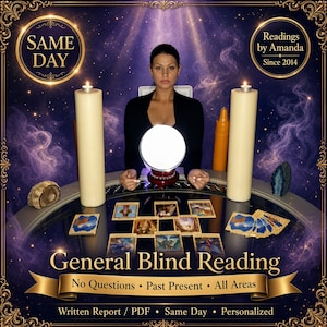 May include: A psychic reading service advertisement featuring a person behind a round table with a glowing crystal ball, two tall cream candles, and tarot cards. Text includes SAME DAY, Readings by Amanda Since 2014, and General Blind Reading.