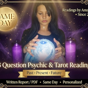 Peut inclure: Un graphique numérique pour un service de lecture psychique et de tarot à 3 questions. Il montre une personne tenant une boule de cristal lumineuse entre deux bougies piliers violettes. Le texte inclut SAME DAY, Readings by Amanda Since 2014.