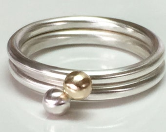 Oro e argento accatastamento anelli, anelli di orb, oro e argento anelli impilabili, anelli di globo, Bagattella, palla anelli d'argento, anelli di sfera