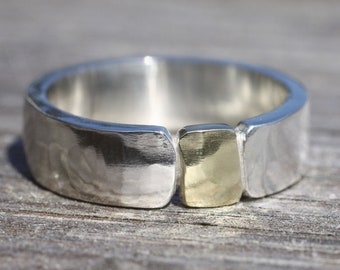 Gold nugget and silver ring, hammered silver and gold ring, gold nugget ring, wedding ring, gold wedding ring, wide silver ring,