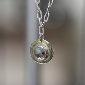 Tiny gold and silver pendant, Delicate Pendant, Brass and Silver Disc Pendant, Tiny Necklace