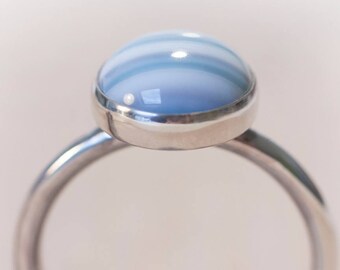 Blue Silver Ring, Blue Solitaire Ring, Banded Agate Ring, Striped Agate Ring, Stripy Agate Ring, Stripy Ring, Blue Agate,