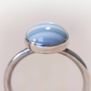 Blue Silver Ring, Blue Solitaire Ring, Banded Agate Ring, Striped Agate Ring, Stripy Agate Ring, Stripy Ring, Blue Agate,