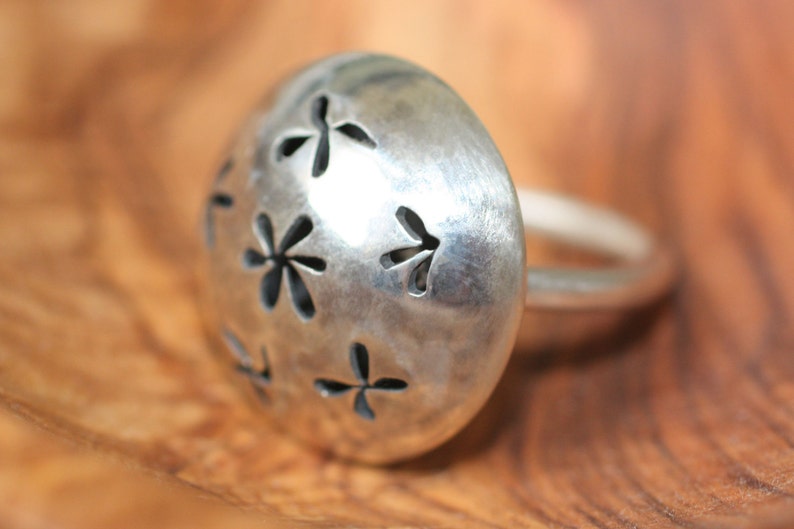 Flower Ring, Flower Silver Ring, Domed Ring, Domed Silver Ring, Statement Ring, hammered ring, Statement Ring, Flower Jewellery image 1