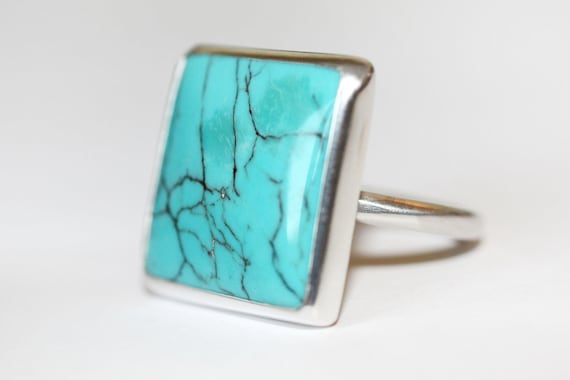 Turquoise Ring, Square Ring, Square Turquoise Ring, Turquoise Silver Ring, Chinese Matrix Turquoise, Turquoise jewellery, Natural Turquoise