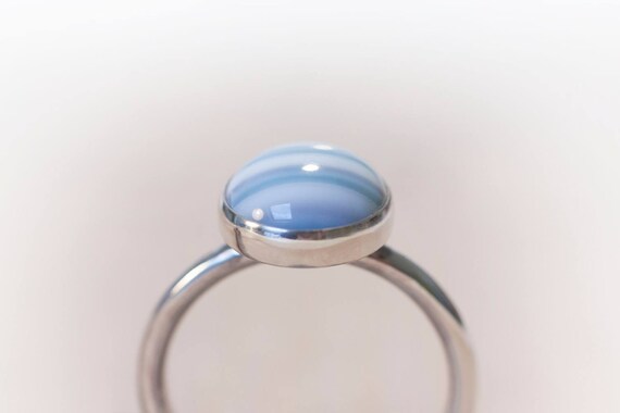 Blue Silver Ring, Blue Solitaire Ring, Banded Agate Ring, Striped Agate Ring, Stripy Agate Ring, Stripy Ring, Blue Agate,