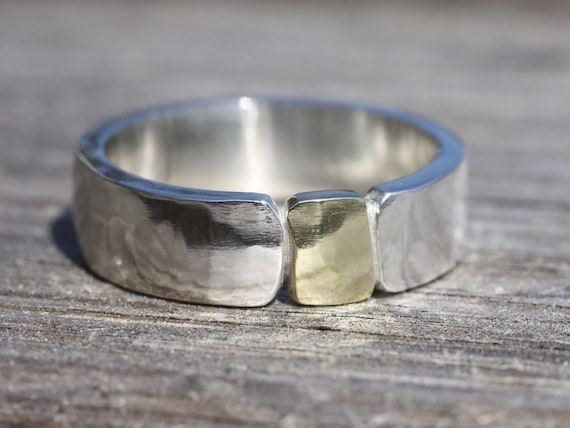 Gold nugget and silver ring, hammered silver and gold ring, gold nugget ring, wedding ring, gold wedding ring, wide silver ring,