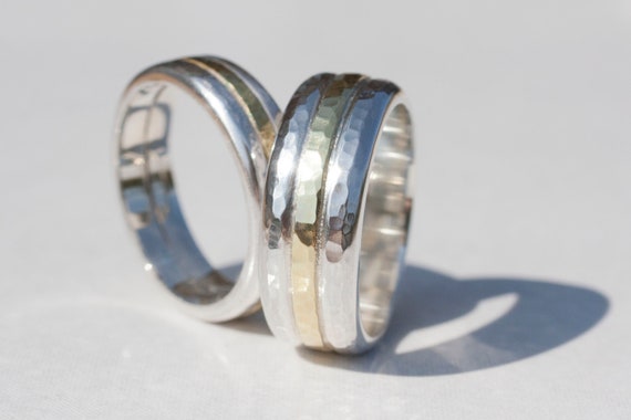 Gold and silver ring, matching rings, wedding rings, ring set, hammered rings, Wedding Rings, Matching Wedding Rings