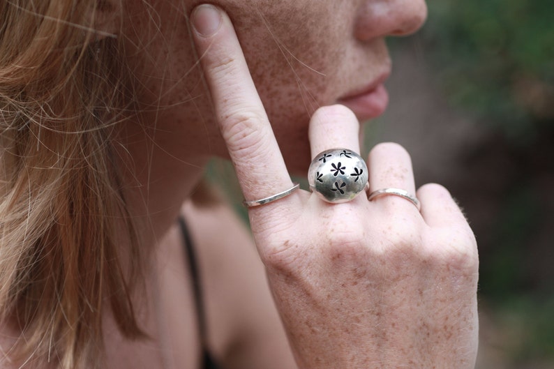 Flower Ring, Flower Silver Ring, Domed Ring, Domed Silver Ring, Statement Ring, hammered ring, Statement Ring, Flower Jewellery image 2