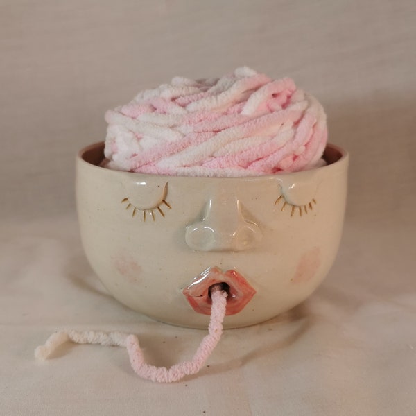 Original Handmade Pottery Yarn Bowl with Sleepy Face made by Sue Harrold Pottery. Free postage to Australia