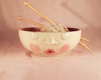 Original Sculpted Yarn Bowl with Sleepy Face made by Sue Harrold Pottery. Free Postage to Australia