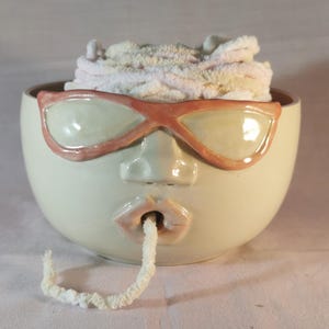 Unique Handmade Large Yarn Bowl with Rockabilly Face made by Sue Harrold Pottery. Free Postage In Australia.