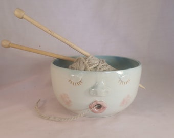 Original Handmade Pottery Yarn Bowl with Sleepy Face made by Sue Harrold Pottery Free postage to Australia