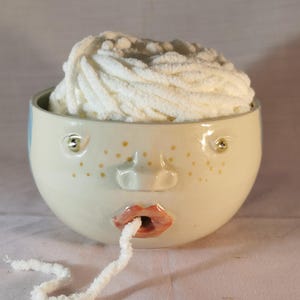 Original Handmade Pottery Yarn Bowl with Freckle Face made by Sue Harrold Pottery. Free postage to Australia