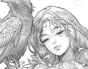 Gothic Raven Girl Coloring Page, Dark Fantasy Line Art (Digital Download)