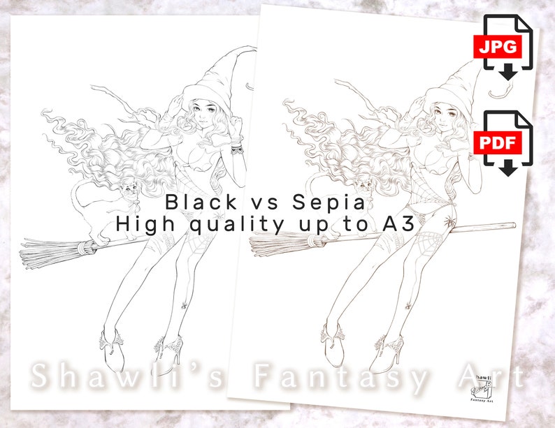 Coloring Page for Adults Halloween Witch and Cat Instant - Etsy