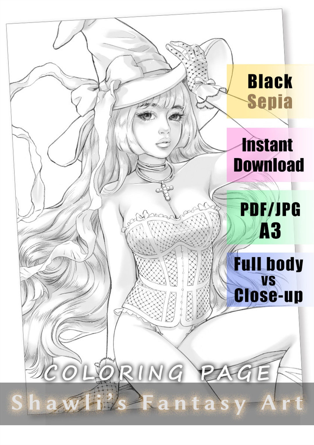 Halloween Witch Coloring Page: Fantasy Art (PDF, JPG) - Etsy